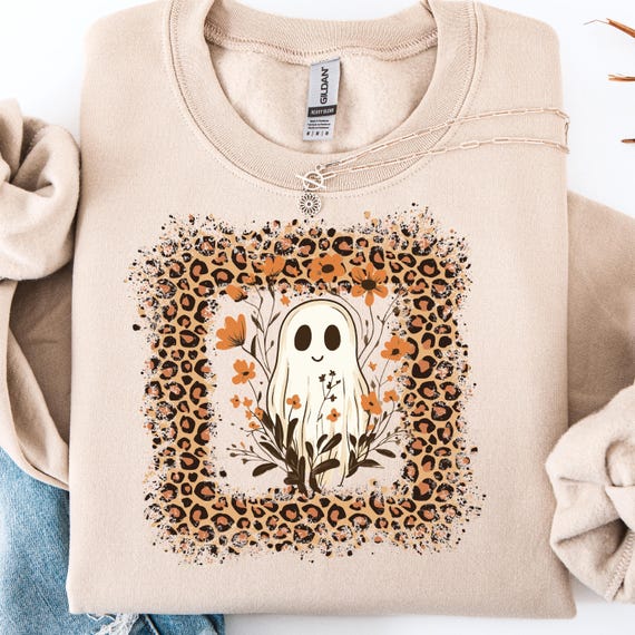 Leopard Ghost Shirt for Halloween Lovers, Floral Ghost Tee, Gift for Spooky Season, Cute Ghost T-Shirt, Leopard Print Ghost Tee