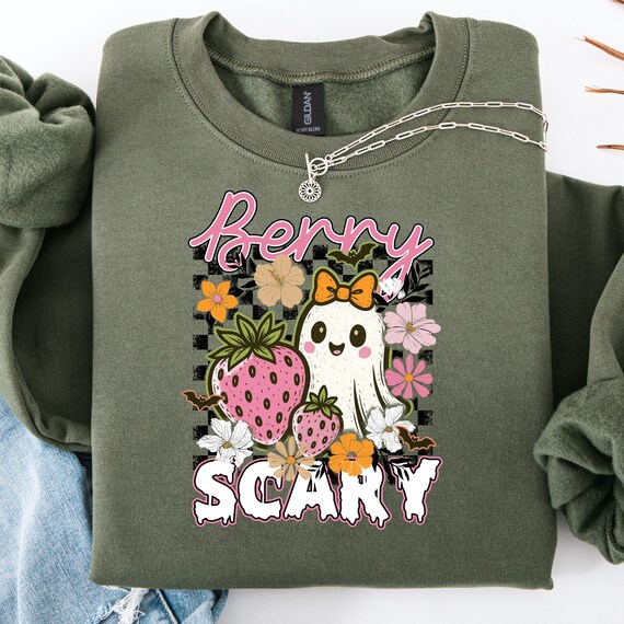Berry Scary Shirt for Halloween, Cute Ghost Tee, Strawberry T-Shirt, Gift for Spooky Season, Floral Ghost Shirt, Halloween Tee