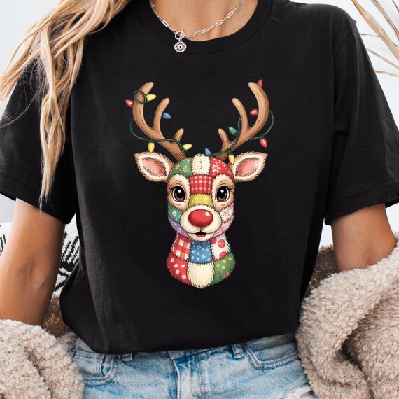 Patchwork Reindeer T-Shirt, Christmas Reindeer Shirt, Festive Deer Tee for Holiday Lovers