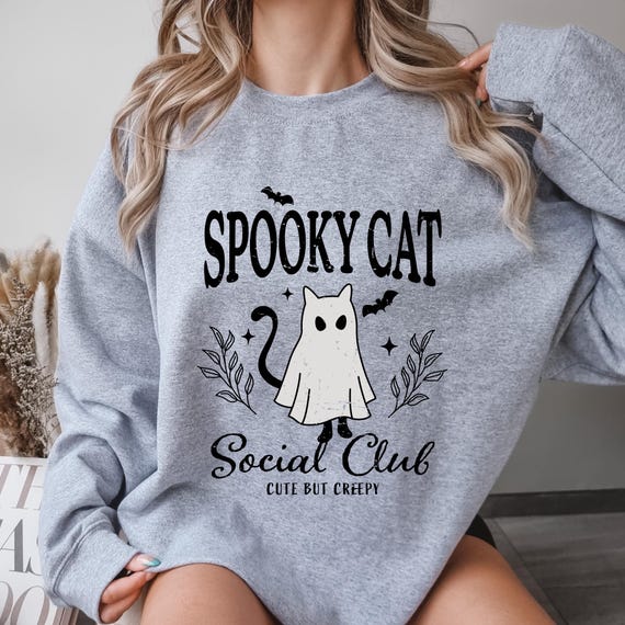 Distressed Spooky Cat Social Club Sweatshirt, Cute Halloween Cat Lover Gift for Men and Women, Unisex Crewneck Jumper Cat Print Sweater