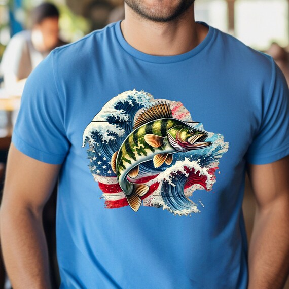Walleye Fish Jumping T-Shirt  Patriotic Camouflage Fish Tee with Red White Blue Coastal Water Scene, Gift shirt for Dad on Fathers Day