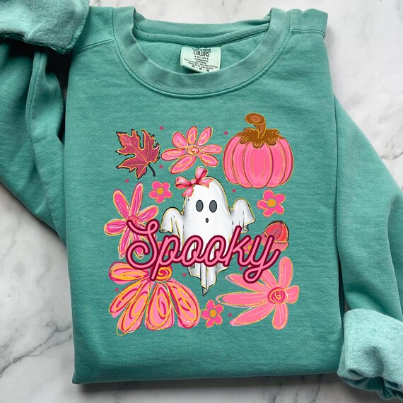 Brushstroke Ghost Coquette Sweatshirt | Spooky Girly Halloween Clothing | Pink Flower Halloween Lover Gift