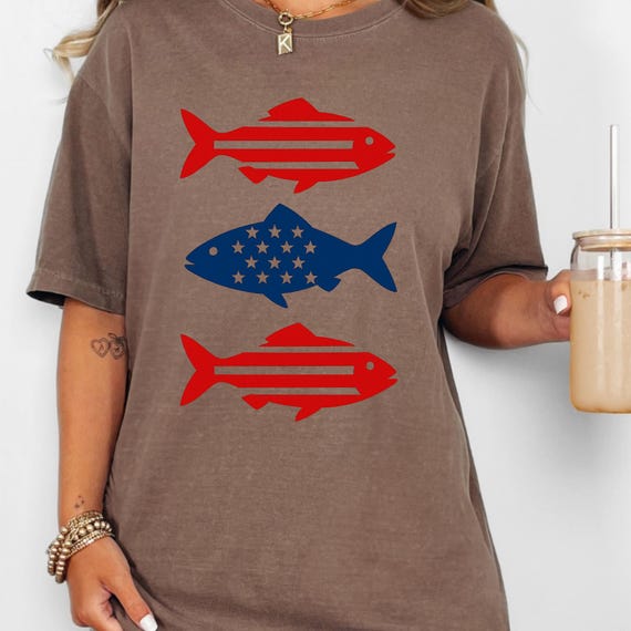 Patriotic Fish T-Shirt, Americana Tee Unisex Top Garment-Dyed Shirt Gift for Patriot, Red White Blue Apparel