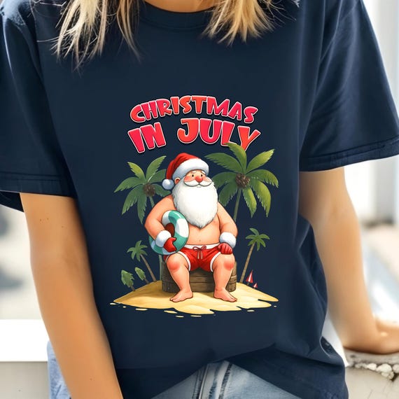 Xmas In July Shirt Santa July Gift,Tropical Christmas Beach Christmas Tees, Santa Beach Shirt Funny Christmas Tee, Summer Christmas Tee