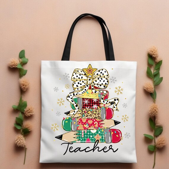 Christmas Girly Bow Teacher Tote Bag ,Teacher Girly Gift, Holiday Tote, Festive tote Bag, Cute Christmas Tote, Teacher Appreciation