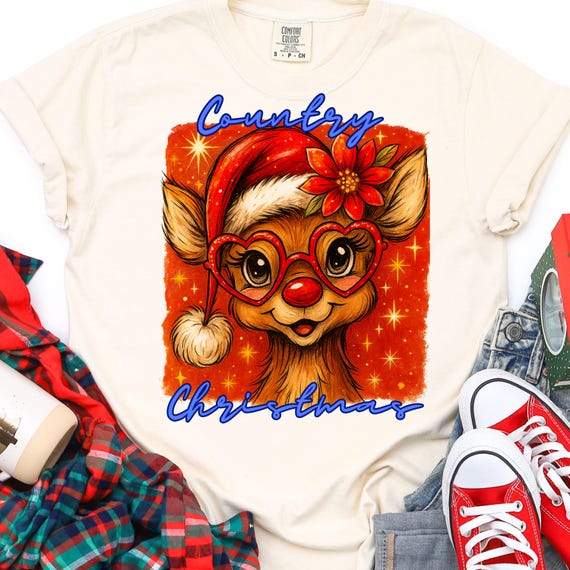 Country Holiday T-Shirt ,Cute Reindeer Gift,  Festive Tee for Holiday Lovers