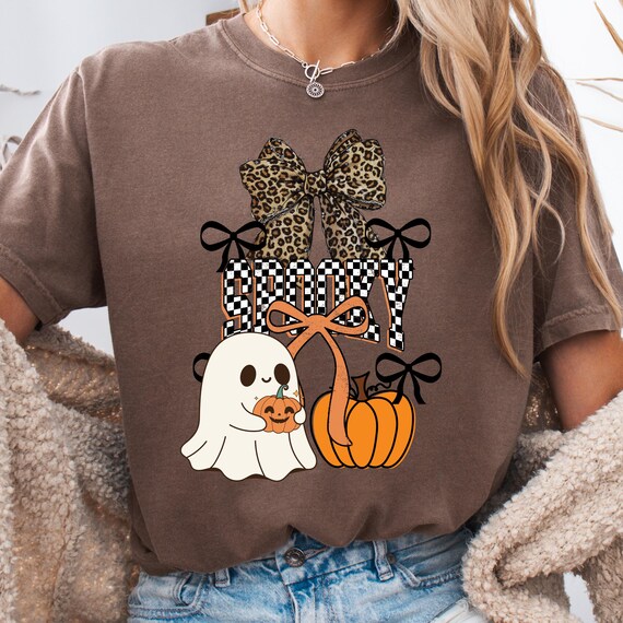 Spooky Halloween Shirt for Ghost Lovers, Pumpkin Tee, Gift for Halloween Fans, Cute Ghost T-Shirt, Leopard Bow Tee, Spooky Season Shirt