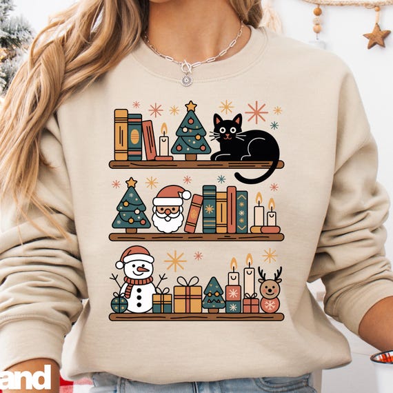 Christmas Cat Shirt, Festive shirt for Book Lovers, Holiday Cat Gift