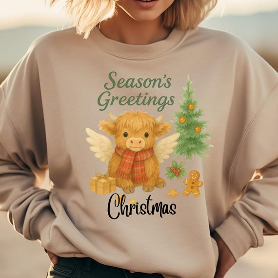 Highland Cow Christmas Shirt, Cute Tee for Holiday Lovers, Festive Angel Cow T-Shirt, Xmas Gift, Christmas Cow Shirt for Women, Shirt Gift