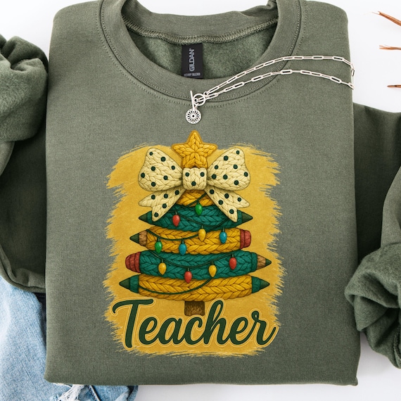 Faux Yarn Christmas Teacher Shirt, Festive Teacher  Gift for Educators, Christmas Tree  Teacher Holiday Gift