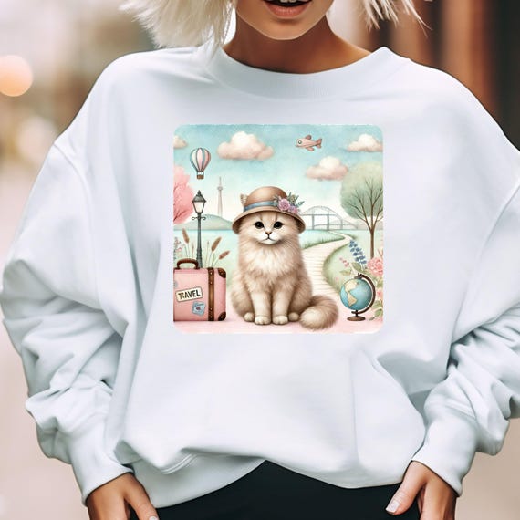 Traveling Fluffy Cat with Suitcase Sweatshirt  Gift for Cat lover sweatshirt,Purrfectly Packed for Adventure