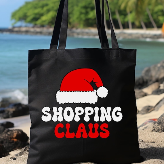 Christmas Shopping Claus Tote Bag , Festive Cotton Canvas Shoulder Bag for Holiday Gifts, Reusable Grocery Bag, Eco-Friendly Market Tote