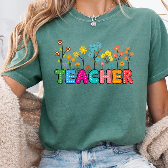 Spring Retro Teacher T-Shirt, Teacher Gift Tee Springtime Shirt, Teacher Bright Letter Garment-Dyed Top