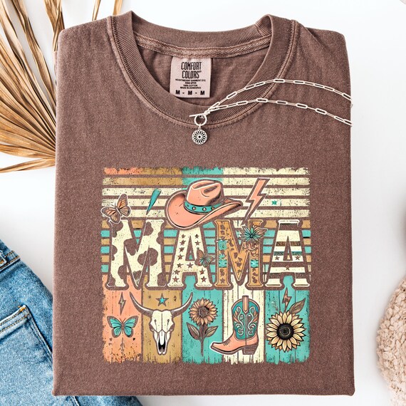 Distressed Western Mama Shirt  Retro Cowgirl Comfort Color Tee with Turquoise & Animal Print Style, Cowgirl Mom t shirt gift