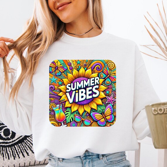 Summer Vibes Boho Sweatshirt Gift for Summertime Friends, Unisex Hippie Pullover Lightweight Crewneck Jumper, Bohemian Top