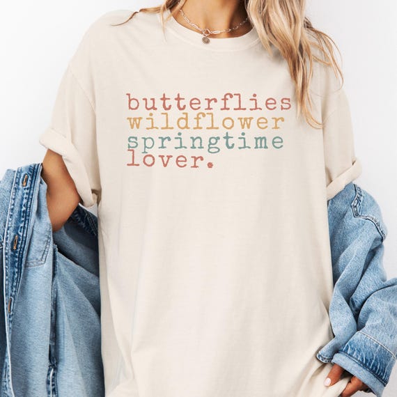 Butterfly and Wildflower Lover Garment-Dyed T-shirt, Spring Gift Shirt Nature Graphic Tee, Floral Top Botanical Tshirt