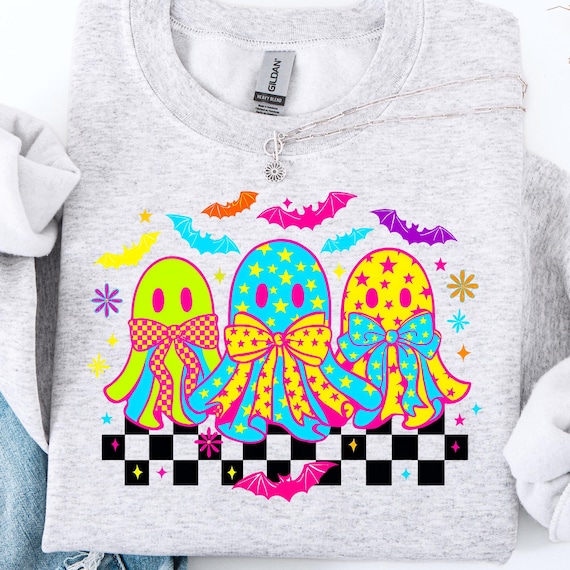 Neon Checkered Ghost Sweatshirt: Coquette Halloween Apparel