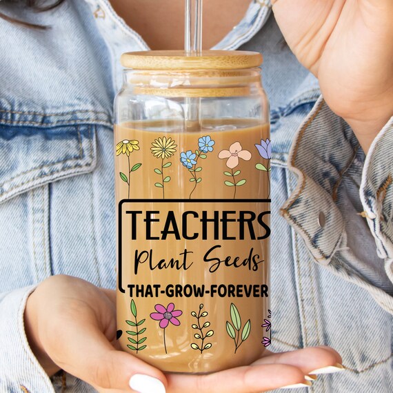 Teacher Iced Coffee Glass Teacher Gift Idea,Bamboo Lid Iced Coffee Cup Mug,Gift For Book Lover Iced Coffee Lover,Reusable Glass Teacher Gift