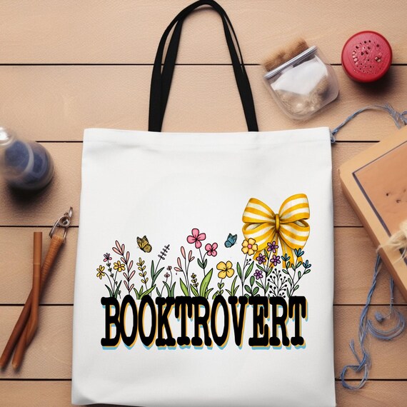 Booktrovert Bow Floral Tote Bag, Gift for Book Lovers, Wildflower Tote Bag, Girly Tote Bag, Bookworm Gift, Library Bag