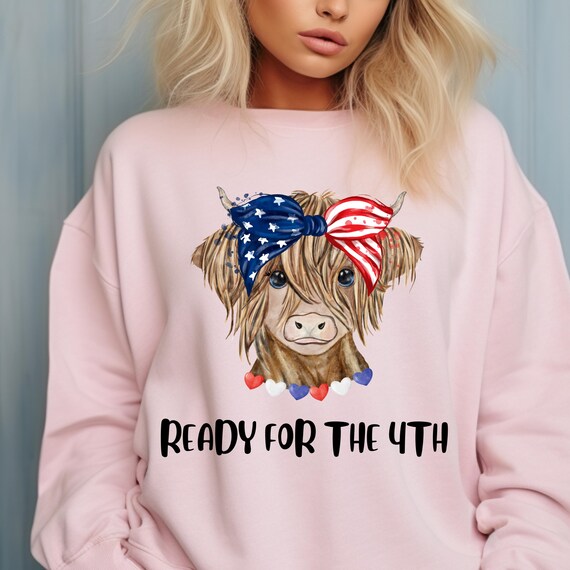 Highland Cow 4th of July Sweatshirt ,  Adorably Patriotic Rustic for Summer Celebrations, Gift sweatshirt for Patriotic Cow Lover