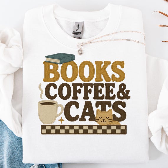 Faux Yarn Books Coffee Cats Shirt, Cozy shirt for Book Lovers, Cat Lover Gift