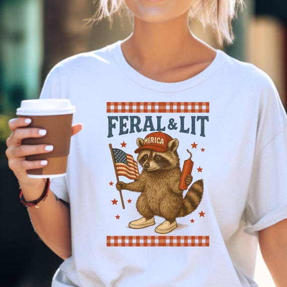 Funny feral patriotic shirt, quirky raccoon graphic tee for 4th of July, gift for patriotic raccoon lovers