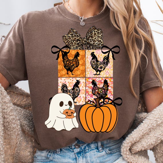 Halloween Chicken Shirt for Farm Lovers, Ghost Pumpkin Tee, Gift for Poultry Fans, Spooky Hen T-Shirt, Fall Harvest Chicken Tee