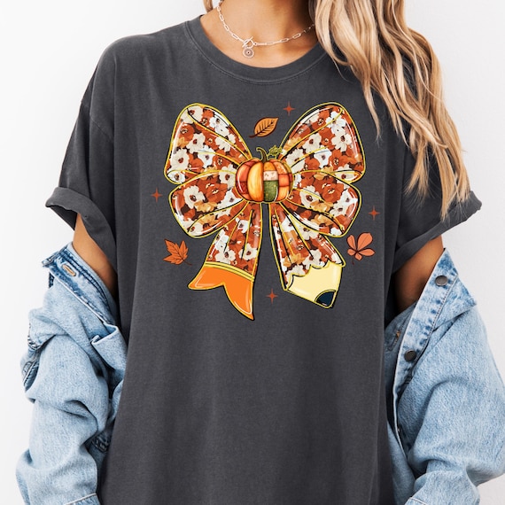 Teacher Fall Pumpkin Tee: Comfort Colors Autumn Bow Shirt
