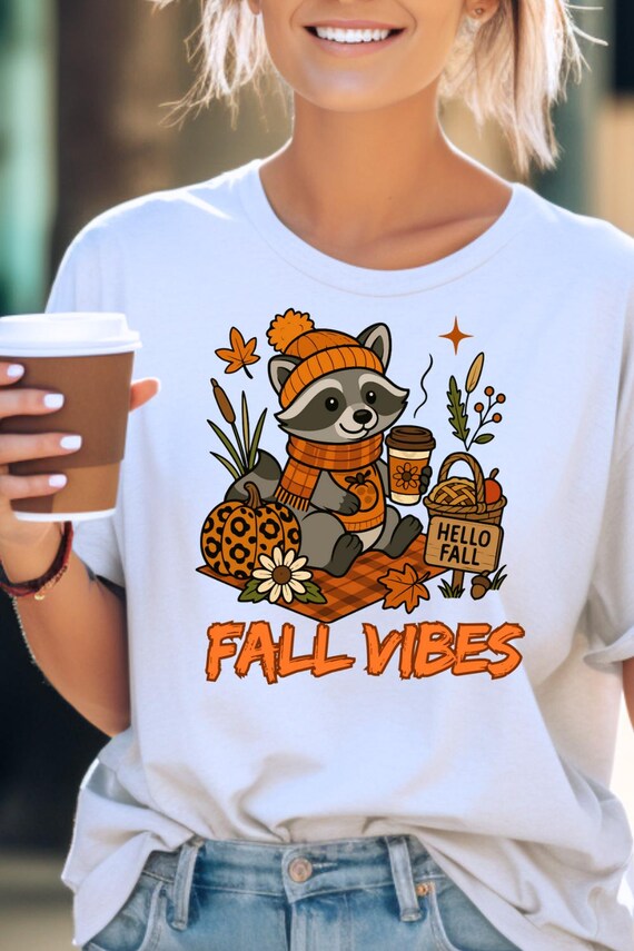 Raccoon Coffee Lover Tee, Unisex Tee, Fall Vibe Shirt, Raccoon Lovers Gift, Fall Tshirt, Animal Lover Shirt
