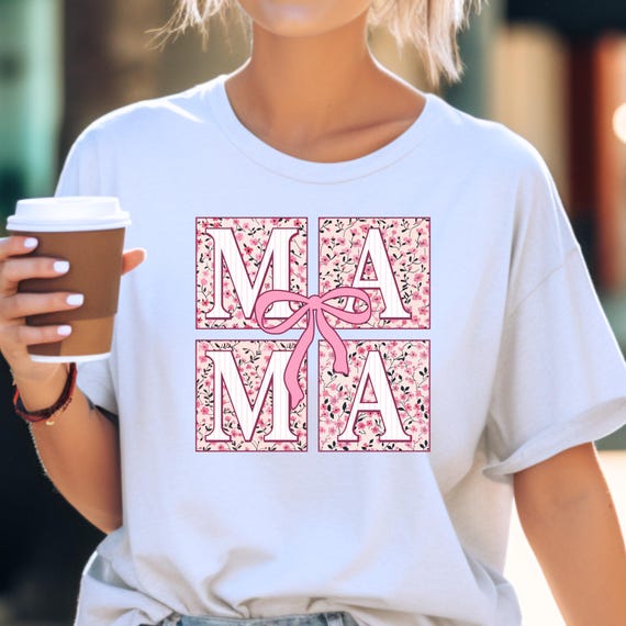 Pink Toile Mama T Shirt, Girly Bow Tee Gift for Mom, Toile Print Shirt Mother's Day Tee, Pink Bow Shirt gift for her