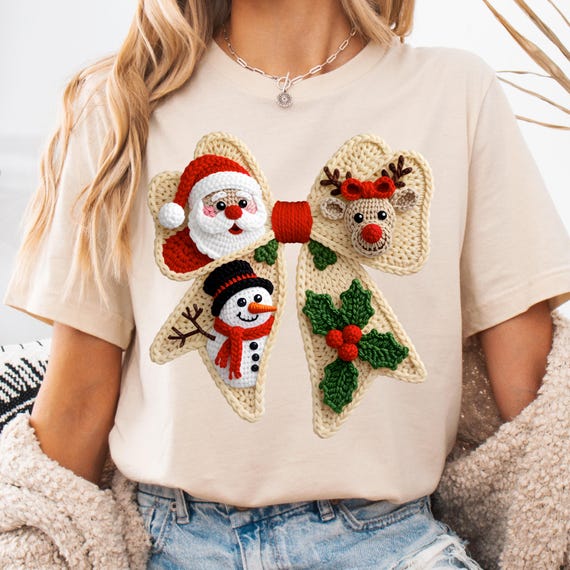 Faux Yarn Christmas Bow Shirt, Festive Tee for Holiday Cheer, Santa T-Shirt, Reindeer Gift
