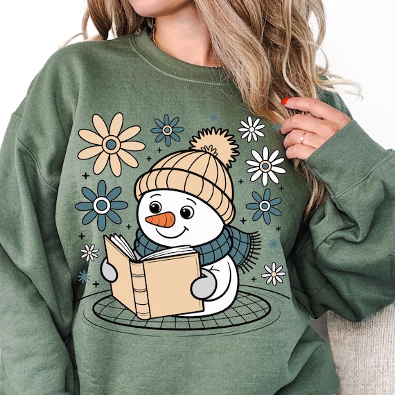 Snowman Reading Shirt, Winter sweatshirt for Book Lovers, Cozy Snowman sweater