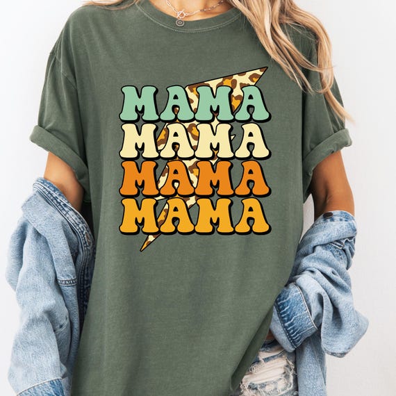Leopard Lightning Bolt Retro Garment-Dyed T-shirt for Mama, Lightning Bolt Tee, MamaTee gift, Comfort Color Shirt, Leopard Print Shirt