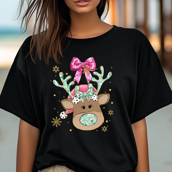 Girly Reindeer Christmas Tee, Reindeer Lover Gift, Holiday Shirt, Festive Top, Xmas T-Shirt, Cute Reindeer Apparel