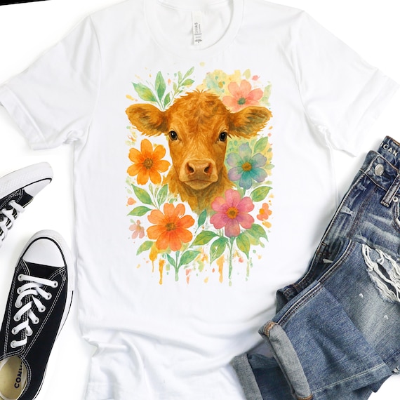 Watercolor Heifer Floral T-Shirt, Cow Lovers Gift Tee, Short Sleeve Jersey Tee,Cow Flower Pattern Shirt