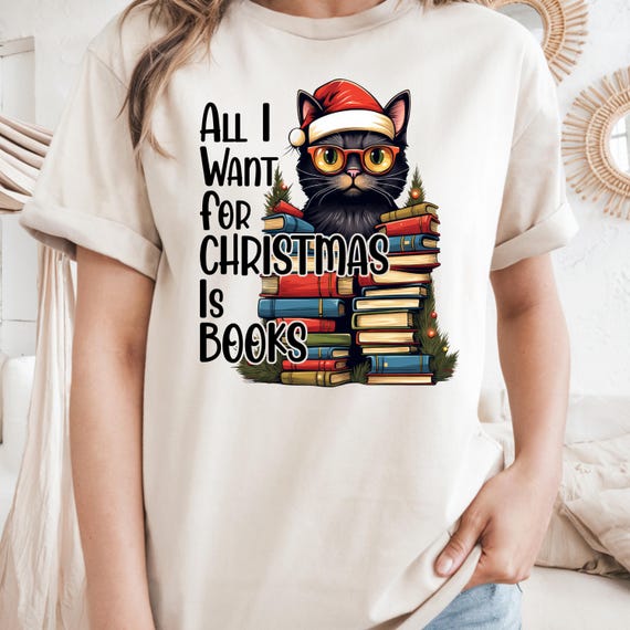 Christmas Cat Shirt, Book Lover Tee for Holiday, Cat Owner Gift
