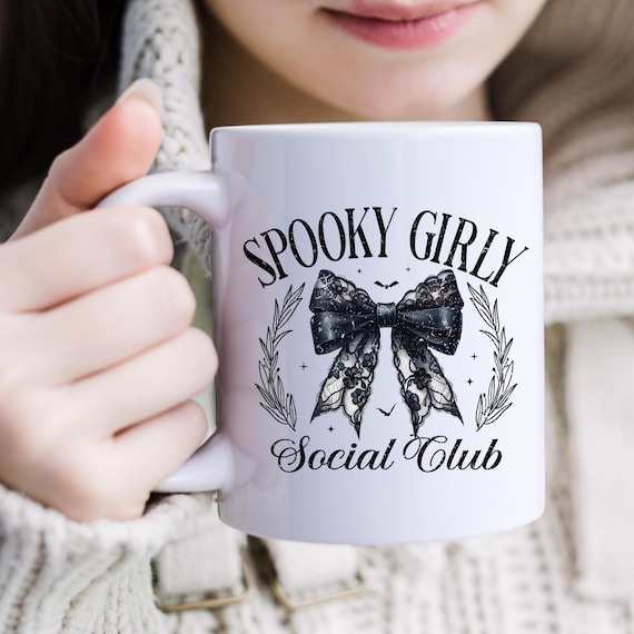 Spooky Girly Ceramic Mug, Halloween Lovers Coffee Cup Social Club Gift, Girly Spooky Coffee Tea Mug, 11oz