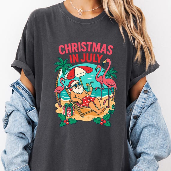 Christmas in July Flamingo T-shirt, Santa Comfort Color Tee, Gift for Christmas in July Lovers, Holiday Shirt Unisex Garment-Dyed Top