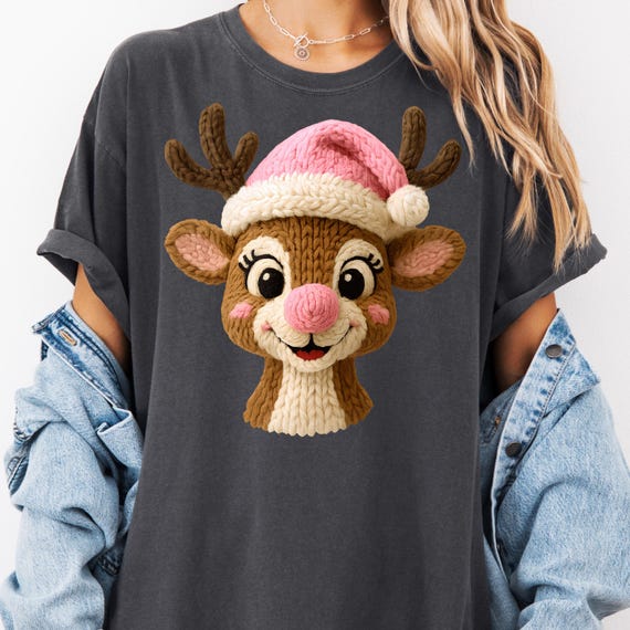 Faux Yarn Reindeer Christmas T-Shirt, Holiday Cheer Tee