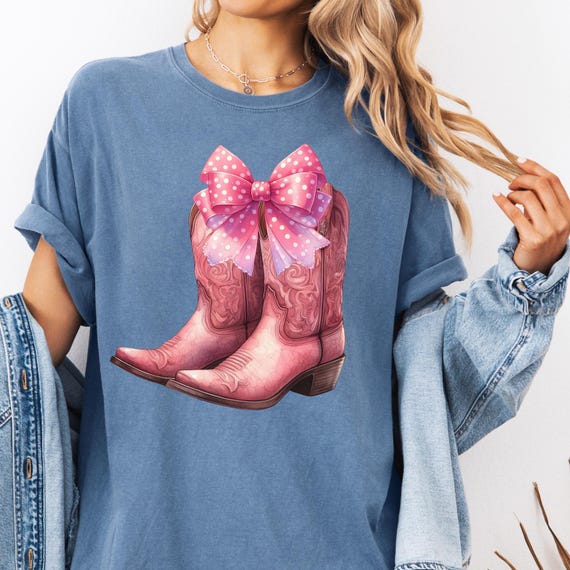 Cowgirl Boots T-shirt, Gift for Girly Cowgirl, Coquette Bow, Comfort Color Tee, Western Fashion Shirt, Pink Boots Tee