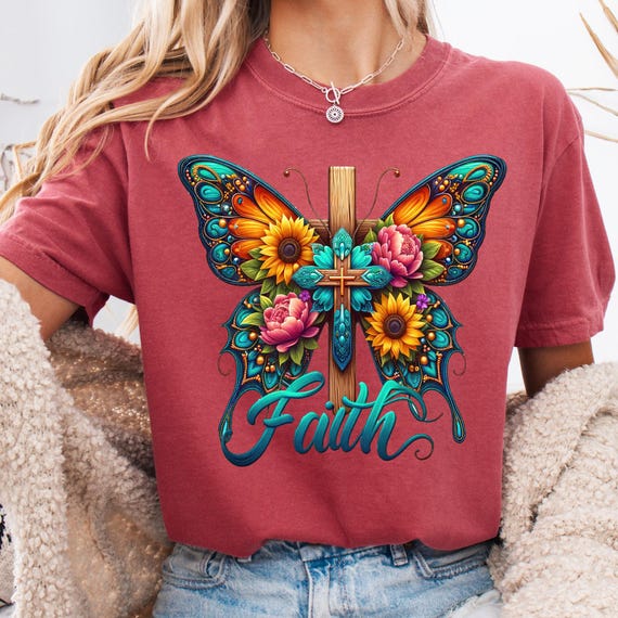 Sunflower Butterfly Faith T-Shirt, Religious Western Tee Gift for Sunflower Lover Butterfly Shirt