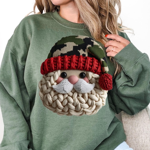 Faux Yarn Camo Santa Sweatshirt, Unisex Holiday Jumper
