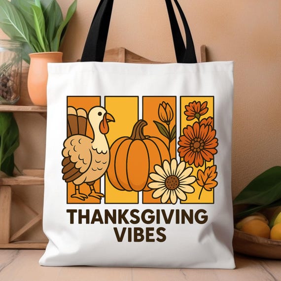 Thanksgiving Vibes Tote Bag, Brushstroke Turkey Pumpkin Gift, Fall Autumn tote bag, Harvest Festival tote Bag