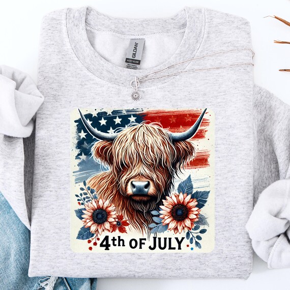 Highland Cow 4th of July Sweatshirt ,  Adorably Patriotic Rustic for Summer Celebrations, Gift sweatshirt for Patriotic Cow Lover