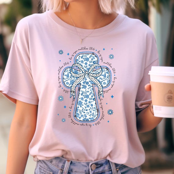 Coquette Bow Toile Cross Religious T-Shirt, Gift for Christian Mom or Girly Religious Person gift for Easter