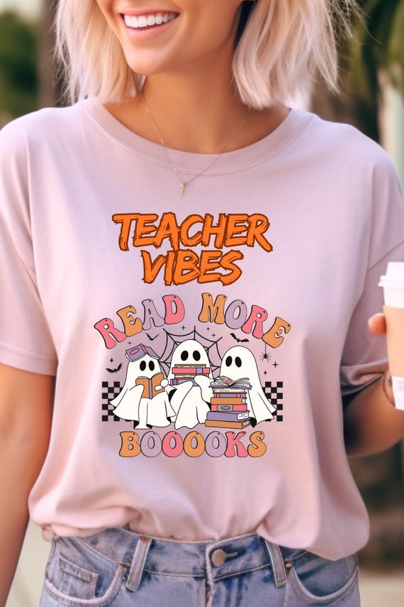Teacher Spooky Book Lover T-Shirt, Ghost Vibe  Tee Book Lover Gift Shirt, Halloween Teacher Apparel, Educator Ghost Theme Top