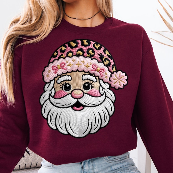 Leopard Faux Yarn Christmas Santa Shirt, Festive Pink Santa Gift