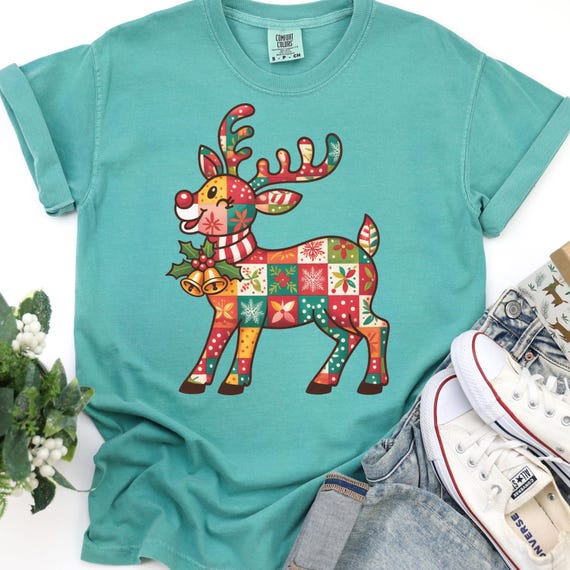 Christmas Reindeer Shirt, Festive Tee for Holiday Lovers, Patchwork Deer T-Shirt Gift