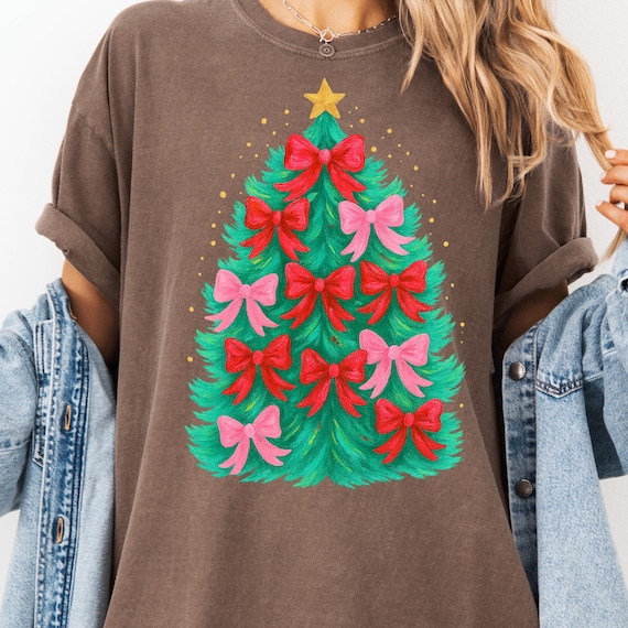 Coquette Christmas Tree Shirt, Festive Tee,Holiday Lovers Xmas Bow T-Shirt
