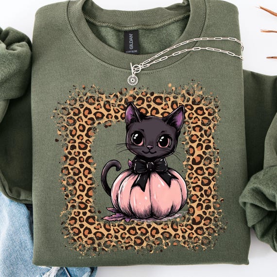 Halloween Cat Shirt for Animal Lovers, Cute Kitten Tee, Gift for Cat Moms, Pumpkin Cat shirt, Leopard Print Cat Lover Shirt